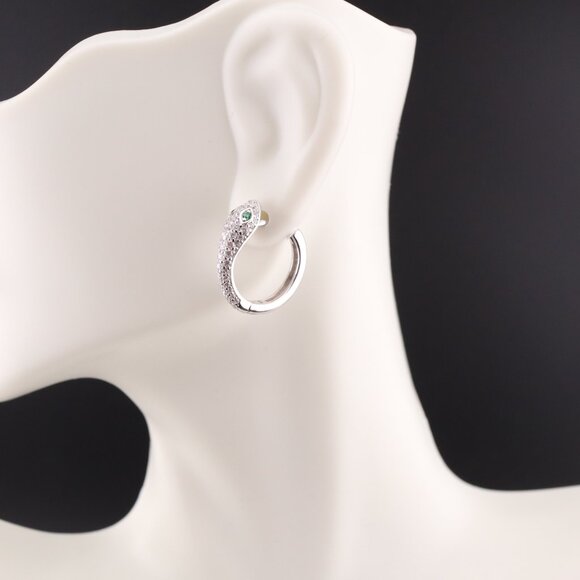 Women's Sterling Silver Snake Hoop Earrings with Green CZ Eyes Unique & Bold ** - Picture 6 of 9